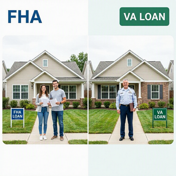 Two individuals stand in front of a house, discussing FHA vs. VA loans, with the text "FHA vs VA Loan" displayed. 