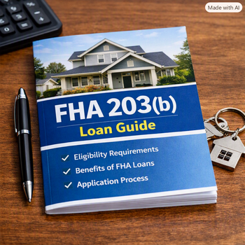 FHA 203(b) Loan Guide on a wooden desk, featuring a house photo, eligibility and benefits checklist, pen, calculator, and keys.