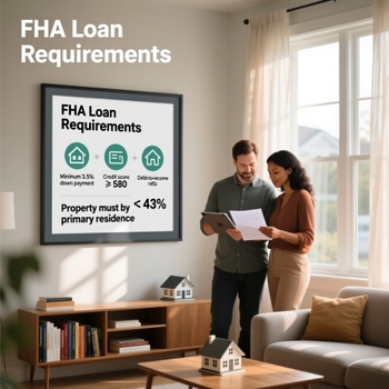 Breakdown of FHA loan requirements, featuring key points like credit score minimums and down payment percentages.  