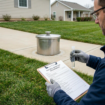 A man in a blue jacket stands with a clipboard, inspecting a house for FHA loan well water test requirements.