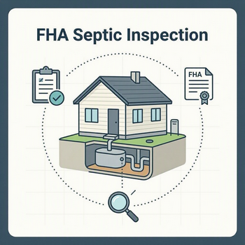 Visual guide outlining FHA septic inspection requirements for homebuyers and inspectors.