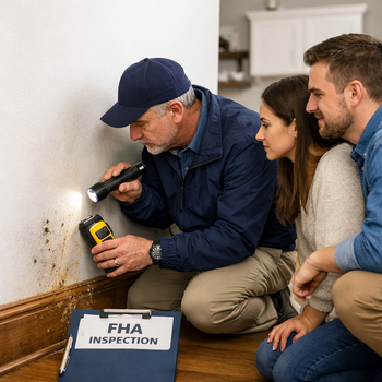 A man and woman closely inspect a moldy wall, emphasizing FHA termite inspection requirements for home loans.
