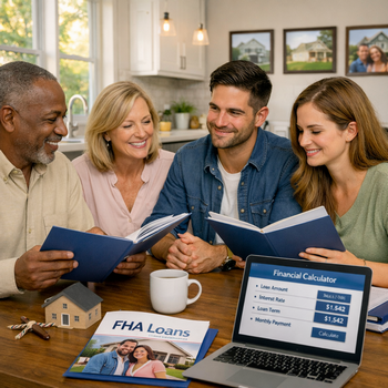 Four people discussing FHA loan eligibility at a table with a laptop and a book open.